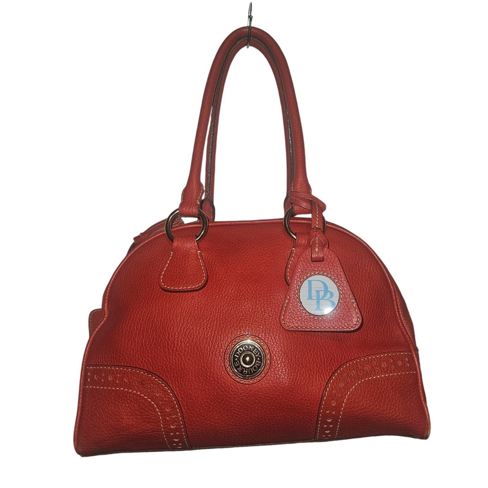 Dooney & Bourke Red Pebbled Leather Satchel Brogue Detail Dome Bag Gold Logo